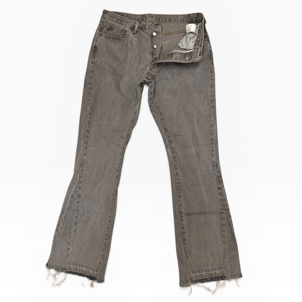 mnml Mens Grey Mud Flare Leg Denim Jeans Raw Hem Button Fly Size 34x33.5 Cotton